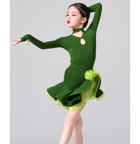 Green latin ballroom dance dresses for children kids salsa rumba ballroom dancing costumes for Girls